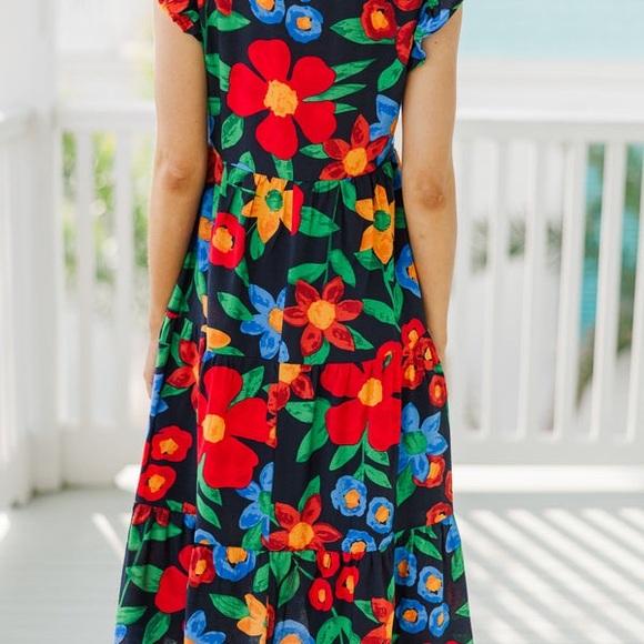 Boutique Entro Tropical Red and Green Floral Midi Dress - Picture 7 of 10